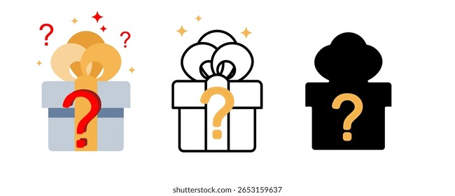 Mystery gift box icon set. Surprise present giftbox outline with question mark, quest gift box or riddle package vector illustration, birthday surprise pictogram