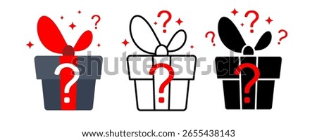 Mystery gift box icon set. Surprise present giftbox outline with question mark, quest gift box or riddle package vector illustration, birthday surprise pictogram