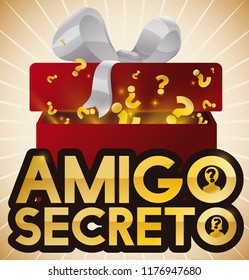 Mystery gift box opened with a surprise content for a special beloved or best friend in the game of Secret Friend (written in Spanish).