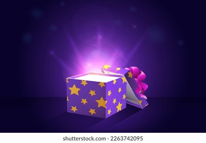 Mystery gift concept. Open box in wrapping paper with light. Holiday and festival, present and surprise. Advertising poster or banner for website. Discounts and sales. Realistic 3D vector illustration