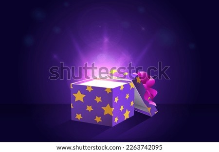 Mystery gift concept. Open box in wrapping paper with light. Holiday and festival, present and surprise. Advertising poster or banner for website. Discounts and sales. Realistic 3D vector illustration