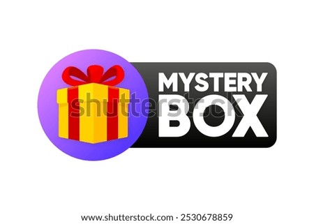 Mystery Giftbox label. Present secret surprise. Random secret loot box isometric concept. Vector illustration.