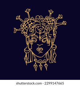 Mystery girl with magic gems Hand draw boho fantasy portrait for poster or t-shirt