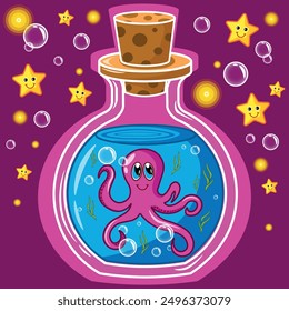 Mystery glass bottle with octopus. Flask with cute elixir. Cartoon flat vector illustration. Children's illustration.