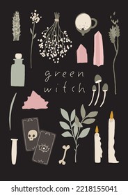 Mystery green witch aesthetic poster. Woman magic powers elements. Mystical signs, tarot cards. Vector illustration. Witchcraft art. Stickers, banner, decorations. Esoteric, hand drawn, isolated, a4