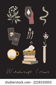 Mystery green witch aesthetic poster. Woman magic powers elements. Mystical signs, tarot cards. Vector illustration. Witchcraft art. Stickers, banner, decorations. Esoteric, hand drawn, isolated, a4