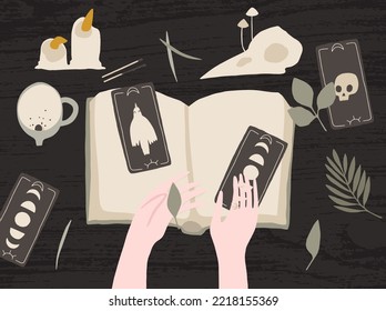 Mystery green witch aesthetic poster. Woman magic powers elements. Mystical signs, tarot cards. Vector illustration. Witchcraft art. Stickers, banner, decorations. Esoteric, hand drawn, isolated