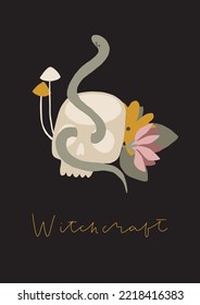 Mystery green witch aesthetic poster. Woman magic powers elements. Mystical signs, tarot cards. Vector illustration. Witchcraft art. Stickers, banner, decorations. Esoteric, hand drawn, isolated, a4