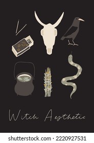 Mystery green witch aesthetic poster. Woman magic powers elements. Mystical signs, tarot cards. Vector illustration. Witchcraft art. Stickers, banner, decorations. Esoteric, hand drawn, isolated, a4