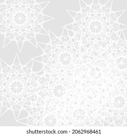 Mystery Grey Ornamental Calm Ice Soft Lace Frost Pattern. Mandala Print Pastel Monochrome Complicated Cold Folk Chaotic Background. Luxury Satanic Winter Light White Stars Sharp Silver Wallpaper.