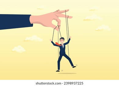 Mystery hand control string on businessman puppet doll, domination or manipulate by control puppet doll, marionette or exploitation, authority or boss micro management, dictator or slave (Vector)