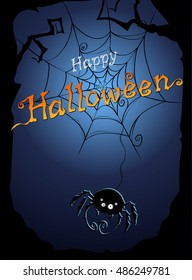 Mystery Happy Halloween card. Vector illustration spider web.