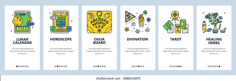Mystery of horoscope, ouija board, divination, tarot cards reading, healing herbs. Mobile app onboarding screens Vector banner template for website and mobile development. Web site design illustration