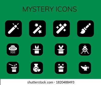 mystery icon set. 12 filled mystery icons. Included Magic, Ufo, Magician, Love potion, Wand, Broomstick, Alchemy, Magic lamp icons