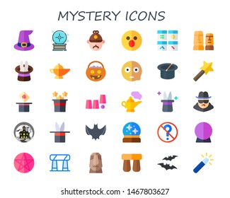 mystery icon set. 30 flat mystery icons.  Collection Of - witch, crystal ball, sherlock holmes, surprised, shape, moai, magic, magic lamp, trick or treat, magician, magic wand