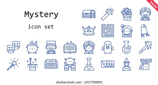 mystery icon set. line icon style. mystery related icons such as magic, potion, chest, seer, trick, ghost, spellbook, magic trick, magic wand, theater masks, witch, labyrinth, cauldron, magician