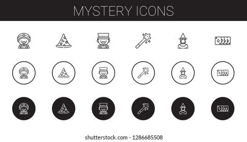 mystery icons set. Collection of mystery with magician, wizard, magic wand, witch, magic trick. Editable and scalable mystery icons.