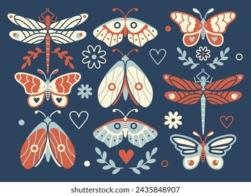 Mystery insects, retro spring vector collection on dark background. Isolated moth, dragonflies, butterfly. Sacred Modern graphic art. Limited color palette