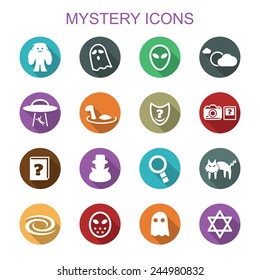 mystery long shadow icons, flat vector symbols