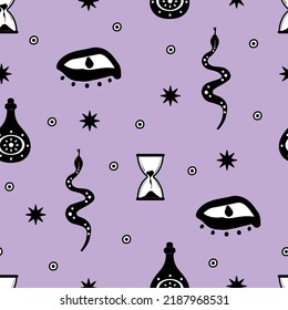 Mystery magical seamless pattern. Vector witchcraft background with snake,macabre eye,potion bottle,hourglass.Doodle style.Hand drawn mystic design elements.
