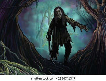 Mystery man holding machete walking in the jungle