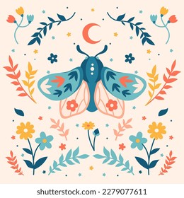 Mystery moon moth, magical luna butterfly and bloomy spring florals.Decorative graphics print. Spiritual Boho folk vibes design