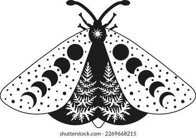 Mystery Moon Moth vector illustration. Magic floral insect on white background.