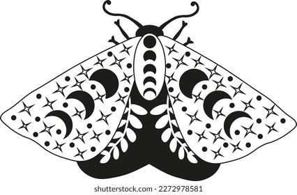 Mystery Moon Moth vector illustration. Magic floral insect on white background.