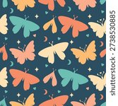 Mystery moth and butterfly seamless pattern. Dark whimsical background with stylized insects for fantasy, boho and decorative surface design.