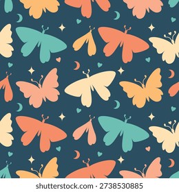 Mystery moth and butterfly seamless pattern. Dark whimsical background with stylized insects for fantasy, boho and decorative surface design.