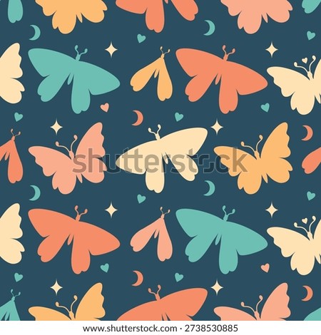 Mystery moth and butterfly seamless pattern. Dark whimsical background with stylized insects for fantasy, boho and decorative surface design.
