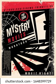 Mystery Movies Cinema Poster Design With Strange Silhouette Looking Through The Basement Door At Blood On The Stairs. Retro Flyer Design For Film Festival. Entertainment Industry Vector Illustration.