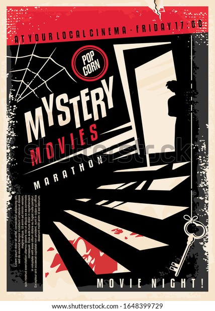 Mystery movies cinema poster design with\
strange silhouette looking through the basement door at blood on\
the stairs. Retro flyer design for film festival. Entertainment\
industry vector\
illustration.