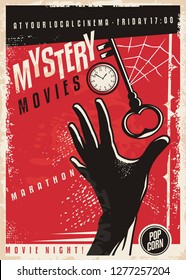 Mystery movies marathon retro cinema poster design. Film poster template with hand silhouette, clock,  key and spider web. Vector layout.