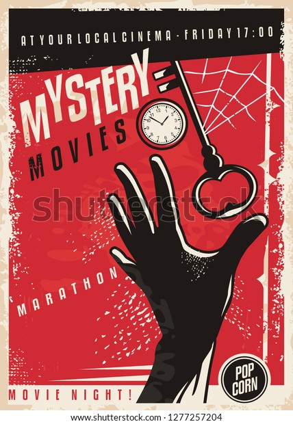 Mystery movies marathon retro cinema poster\
design. Film poster template with hand silhouette, clock,  key and\
spider web. Vector\
layout.