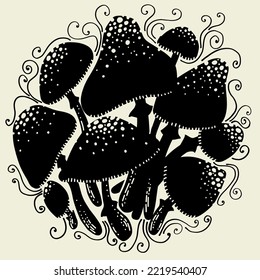 Geheimnisvolle Pilze im eleganten Silhouettenstil. Vektorgrafik-Fungi-Vektorelemente für Druck und Web.