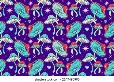 Mystery mushrooms seamless pattern, retro 60s, 70s hippie style hallucination background. Vintage spiritual vision. Sacred Textile, fabric, wrapping, wallpaper, background. Floral graphic.
