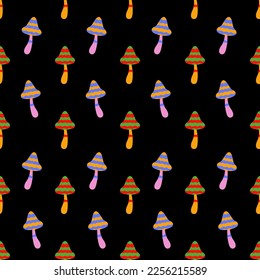 Mystery mushrooms seamless pattern. Retro 60s, 70s hippie style hallucination background.