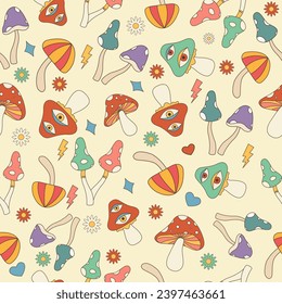 Mystery mushrooms seamless pattern. Retro 60s, 70s hippie style hallucination background.