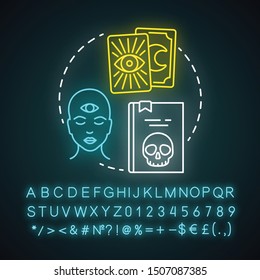 Mystery neon light concept icon. Occult books idea. Mysticism, taromancy & esoteric literature. Fortune telling. Glowing sign with alphabet, numbers and symbols. Vector isolated illustration