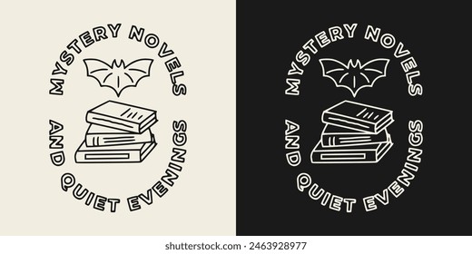 Mystery novels and quiet evenings text. Books and bat illustration design for printable products.