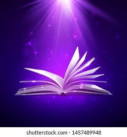 Mystery open book. Fantasy book with magic light and sparkles. Vector illustration in purple colors