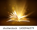 Mystery open book with shining pages. Fantasy book with magic light sparkles and stars. Vector illustration