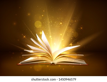 Mystery open book and shining pages  Fantasy book and magic light sparkles   stars  Vector illustration