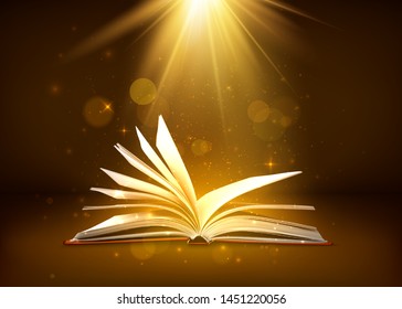 Mystery open book with shining pages in brown colors. Fantasy book with magic light sparkles and stars. Vector illustration