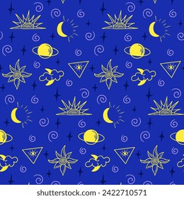 Mystery outline hand drawn seamless pattern. Linear contour esoteric drawings. Doodle sun, moon and clouds on blue background. Trendy print design for textile, wallpaper, wrapping, background