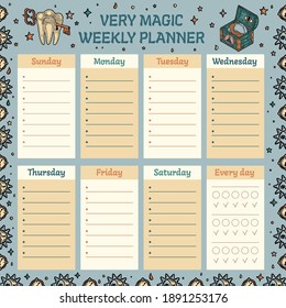 Mystery Pirate Boy Weekly Task Planner. School Schedule on Week for Class, Lesson, Plan and Section. Ready to print with Copy Space. Tooth, Chest, Sun, Moon and Star in Retro Vintage Engraving Style