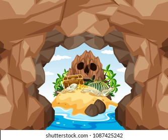 Mystery Pirate Treasure Island and Cave illustration
