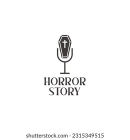 Mystery podcast, Horror story microphone and coffin logo  icon vector  