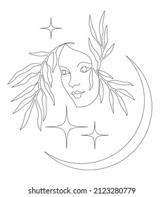Mystery portrait of forest nymph with plant branches, moon and stars. Botanical illustration in minimalistic style. One continuous line art vector illustration.